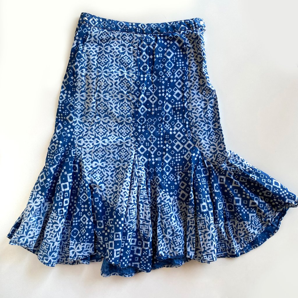 Fabindia Blue Cotton Hand Block Printed Midi Skirt Side Zipper Size 30
